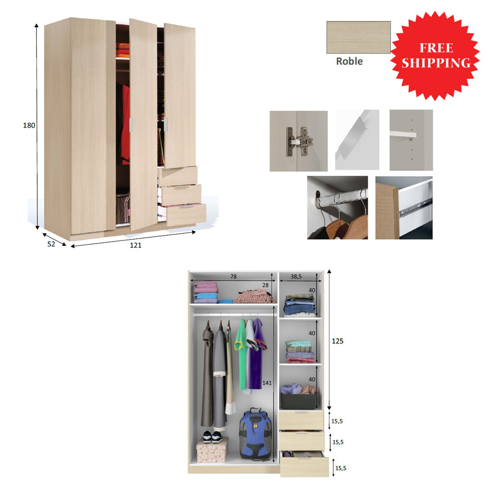 Armario 3 Puertas 3 cajones LC 121 ROBLE - Envio GRATIS