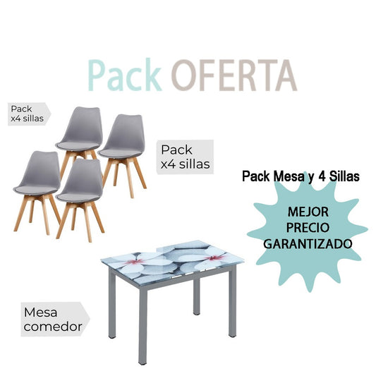 Pack Mesa FLORES EXTENSIBLE+4 Sillas FINA GRIS