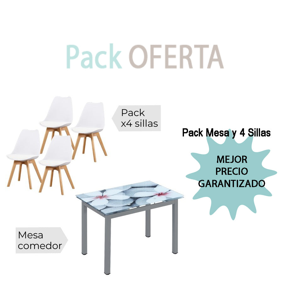 Pack Mesa FLORES EXTENSIBLES+4 Sillas FINA Blanco