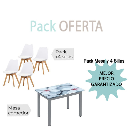 Pack Mesa FLORES EXTENSIBLES+4 Sillas FINA Blanco